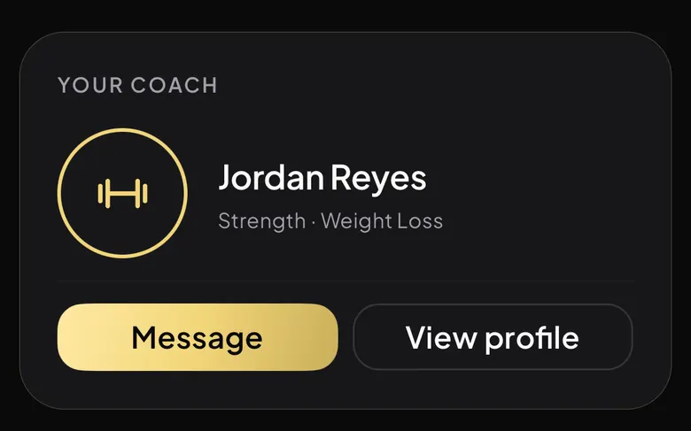 Breezeway Fitness Coach hub showing the member's coach with Message and View profile buttons