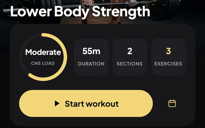 Breezeway Fitness workout summary for Lower Body Strength: 55 minutes, 2 sections, 3 exercises and a Start workout button