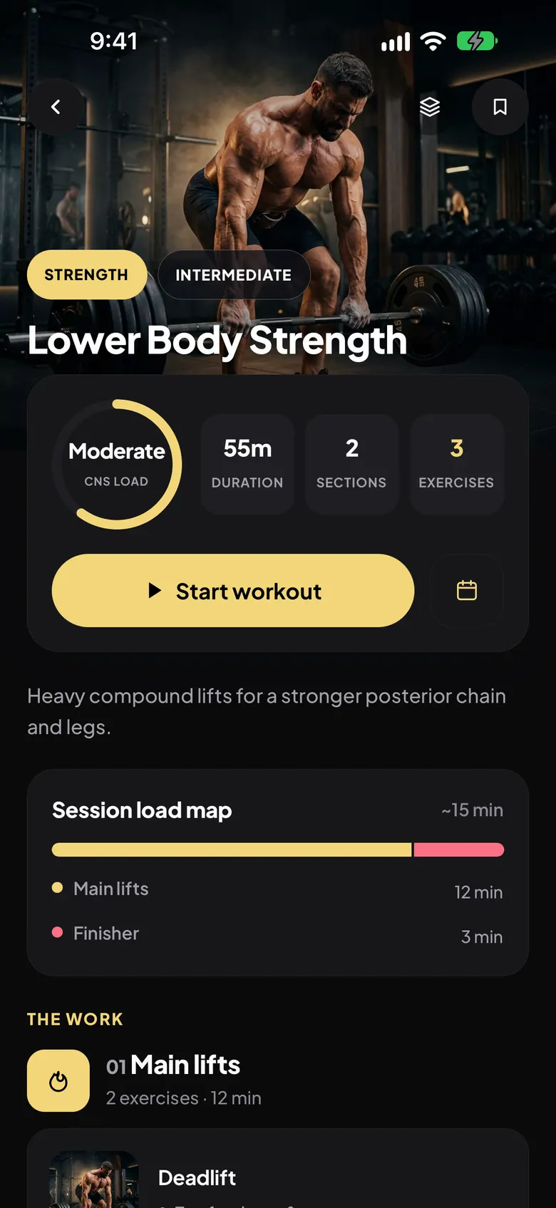 Breezeway Fitness workout screen for Lower Body Strength with its duration, sections, exercises and a Start workout button