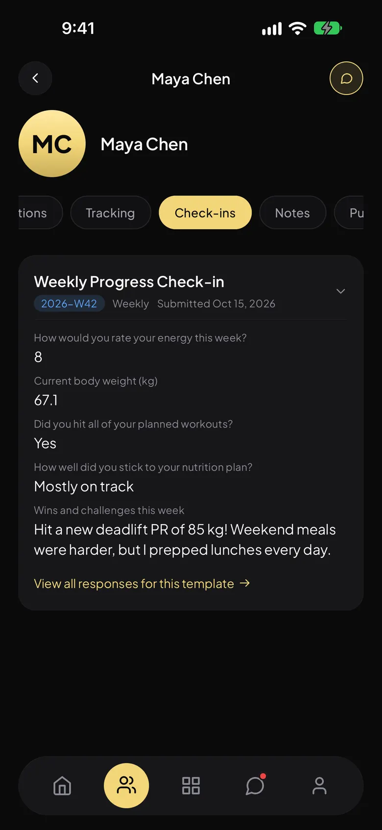 Breezeway Coaching client profile showing the client's latest check-in answers