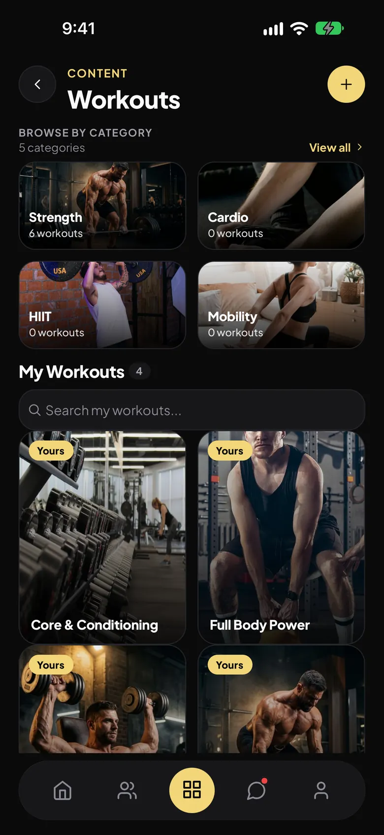 Breezeway Coaching workout library with workout categories and the coach's own workouts